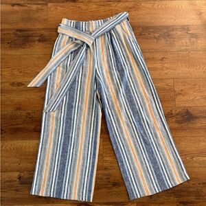Current Air Linen Blend Striped Wide-Leg Tie-Waist Pants - Size L - Coastal Chic